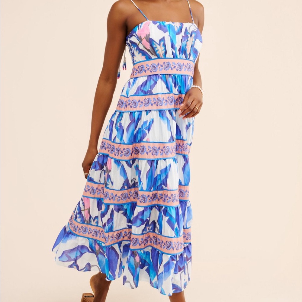 FARM Rio Blue & Pink Floral Tiered Midi Dress - Picture 2 of 4